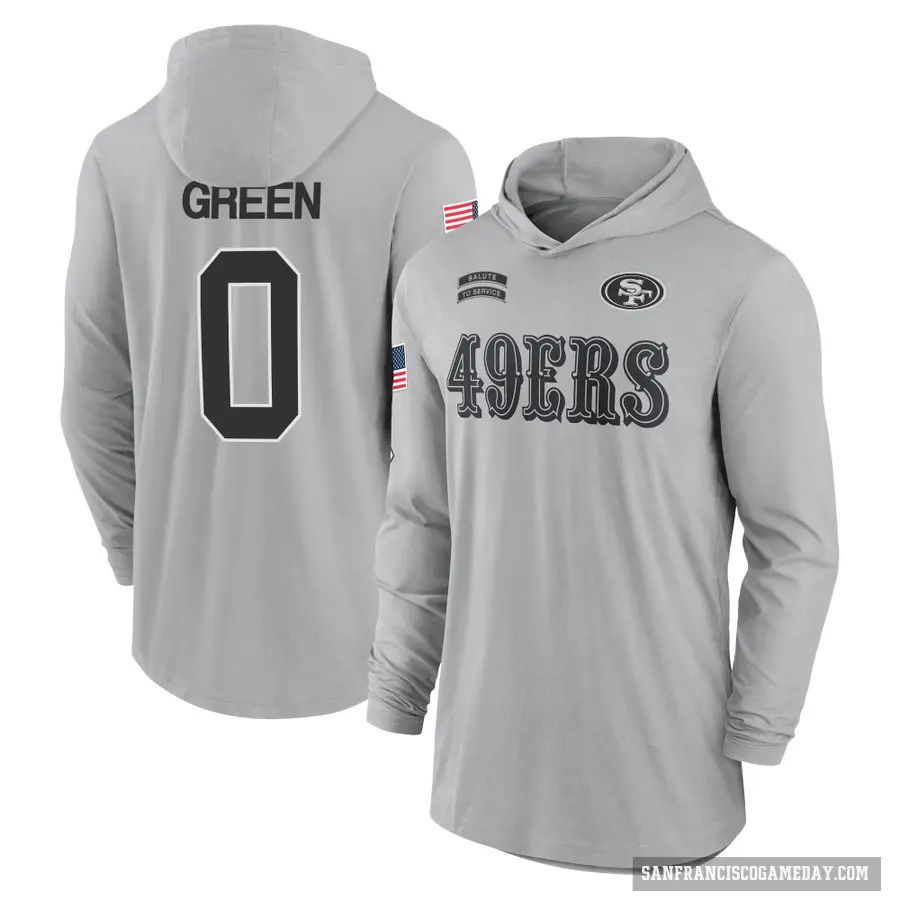 Men's ＃0 Renardo Green San Francisco 49ers Green Gray 2024 Salute to Service Lightweight Performance Long Sleeve Hooded T-Shirt