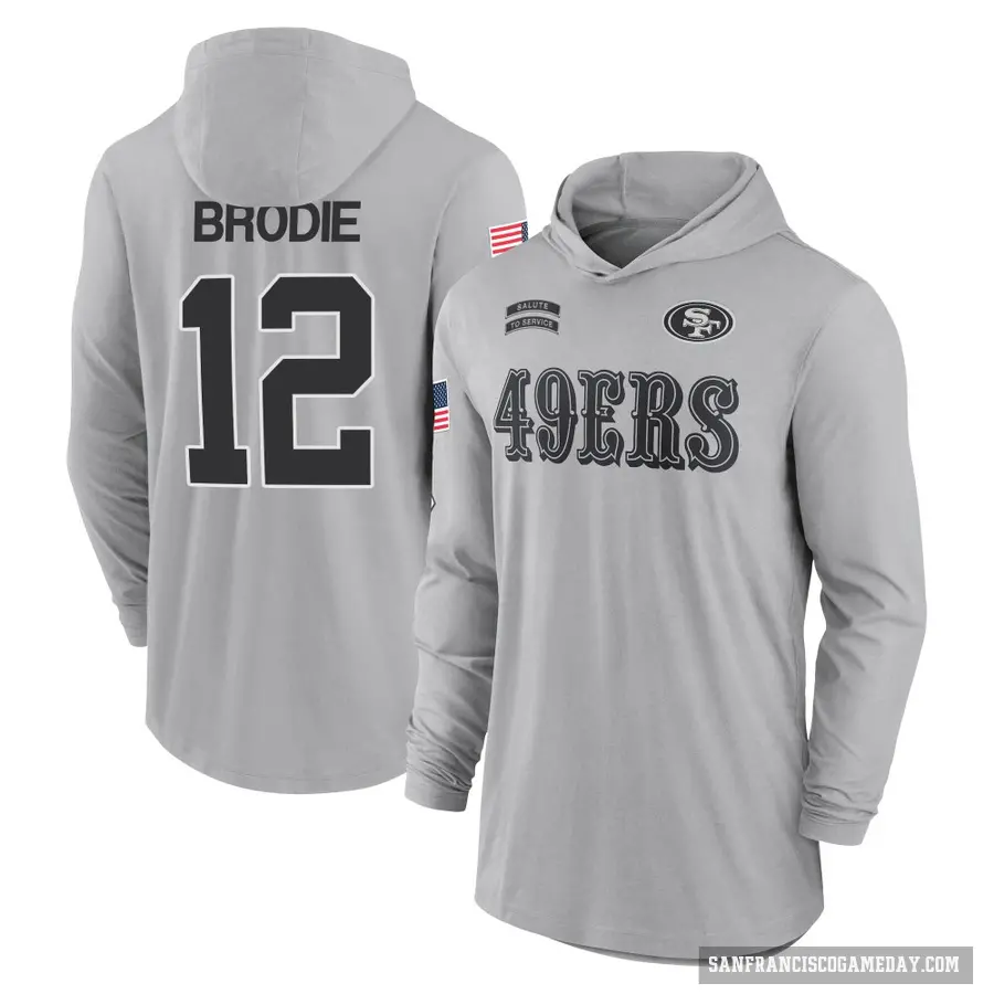 Men's ＃12 Wilson John Brodie San Francisco 49ers Gray 2024 Salute to Service Lightweight Performance Long Sleeve Hooded T-Shirt