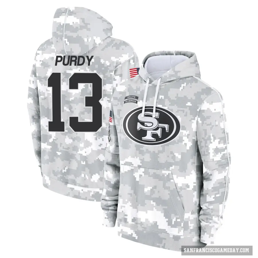 Men's ＃13 Brock Purdy San Francisco 49ers Arctic Camo 2024 Salute to Service Club Fleece Pullover Hoodie