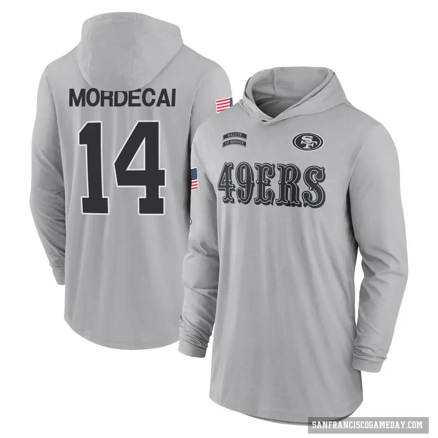 Men's ＃14 Tanner Mordecai San Francisco 49ers Gray 2024 Salute to Service Lightweight Performance Long Sleeve Hooded T-Shirt