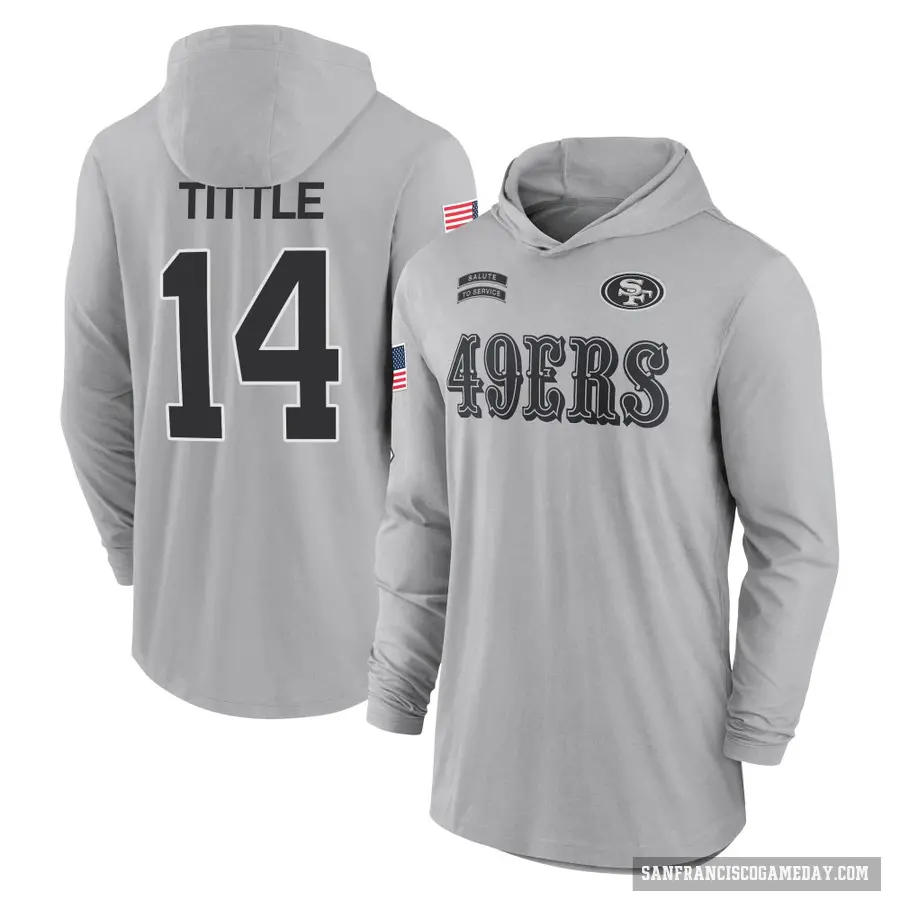 Men's ＃14 Y.A. Tittle San Francisco 49ers Gray 2024 Salute to Service Lightweight Performance Long Sleeve Hooded T-Shirt