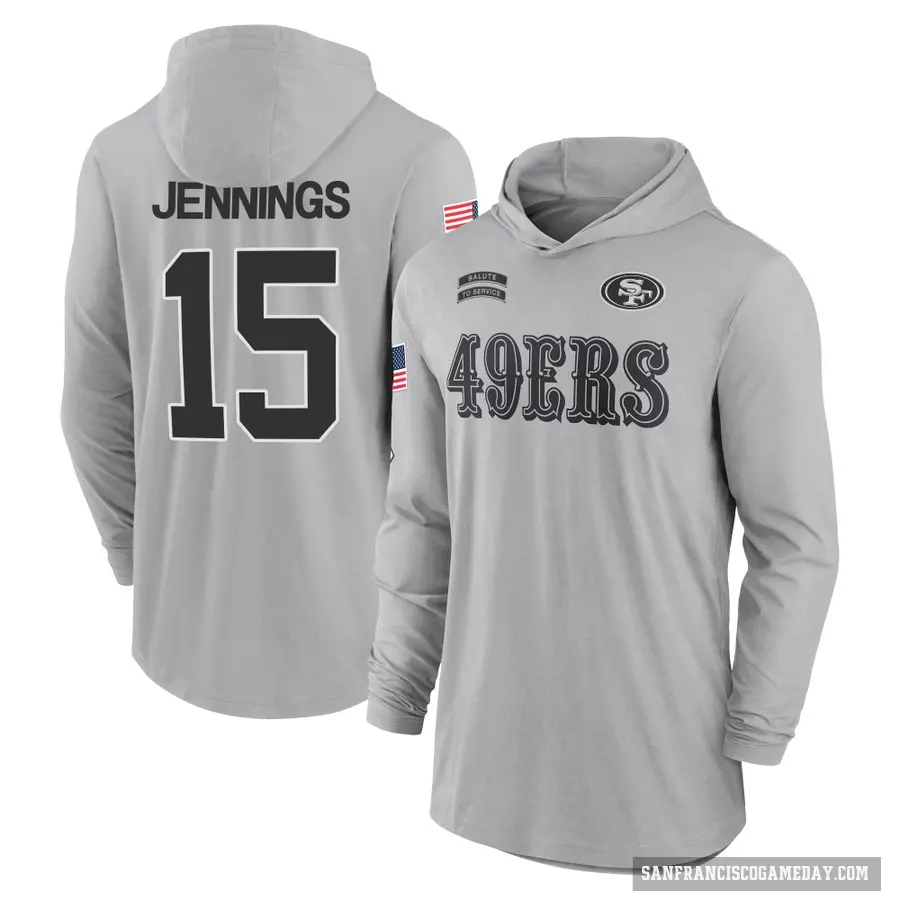 Men's ＃15 Jauan Jennings San Francisco 49ers Gray 2024 Salute to Service Lightweight Performance Long Sleeve Hooded T-Shirt