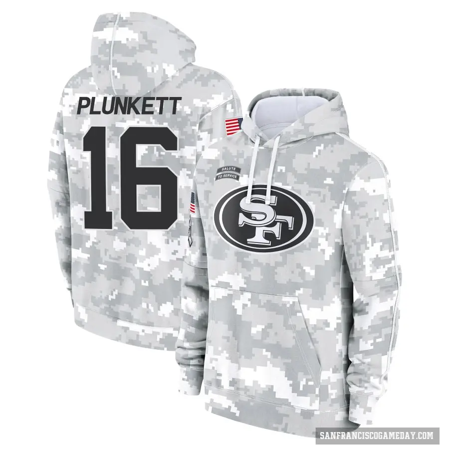 Men's ＃16 Jim Plunkett San Francisco 49ers Arctic Camo 2024 Salute to Service Club Fleece Pullover Hoodie