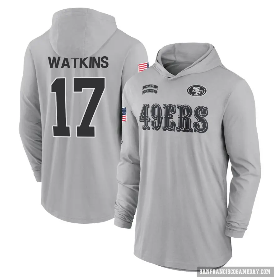 Men's ＃17 Jordan Watkins San Francisco 49ers Gray 2024 Salute to Service Lightweight Performance Long Sleeve Hooded T-Shirt