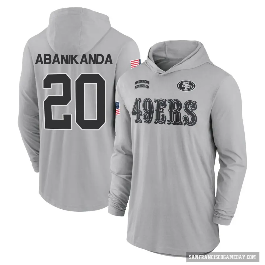 Men's ＃20 Israel Abanikanda San Francisco 49ers Gray 2024 Salute to Service Lightweight Performance Long Sleeve Hooded T-Shirt