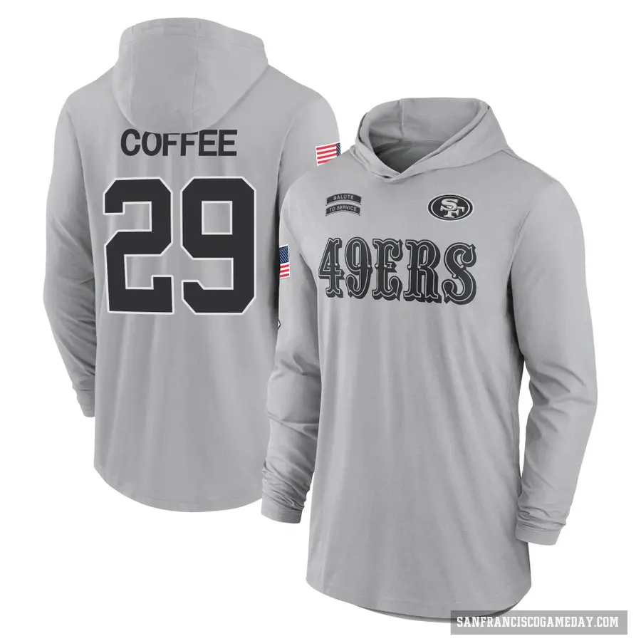 Men's ＃29 Glen Coffee San Francisco 49ers Coffee Gray 2024 Salute to Service Lightweight Performance Long Sleeve Hooded T-Shirt
