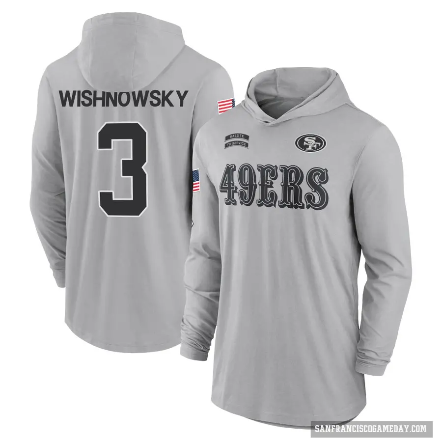 Men's ＃3 Mitch Wishnowsky San Francisco 49ers Gray 2024 Salute to Service Lightweight Performance Long Sleeve Hooded T-Shirt
