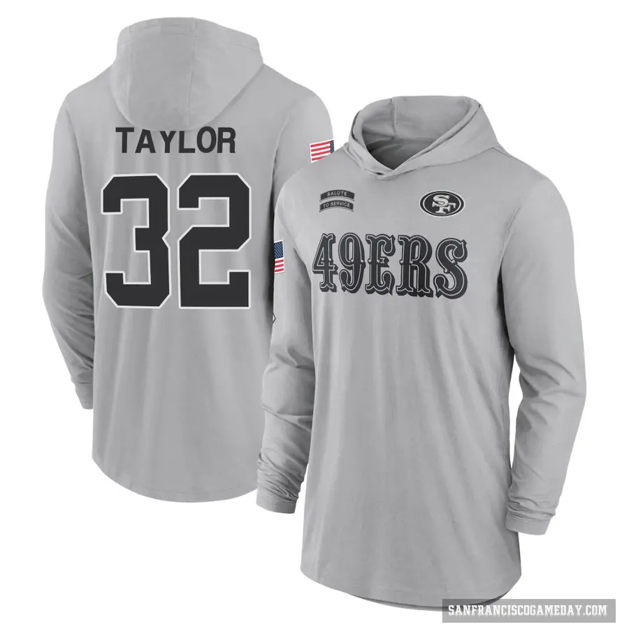 Men's ＃32 Patrick Taylor Jr. San Francisco 49ers Gray 2024 Salute to Service Lightweight Performance Long Sleeve Hooded T-Shirt