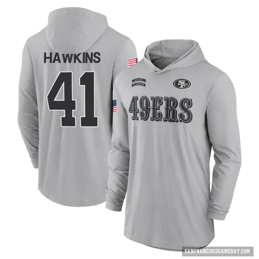 Men's ＃41 Tayler Hawkins San Francisco 49ers Gray 2024 Salute to Service Lightweight Performance Long Sleeve Hooded T-Shirt