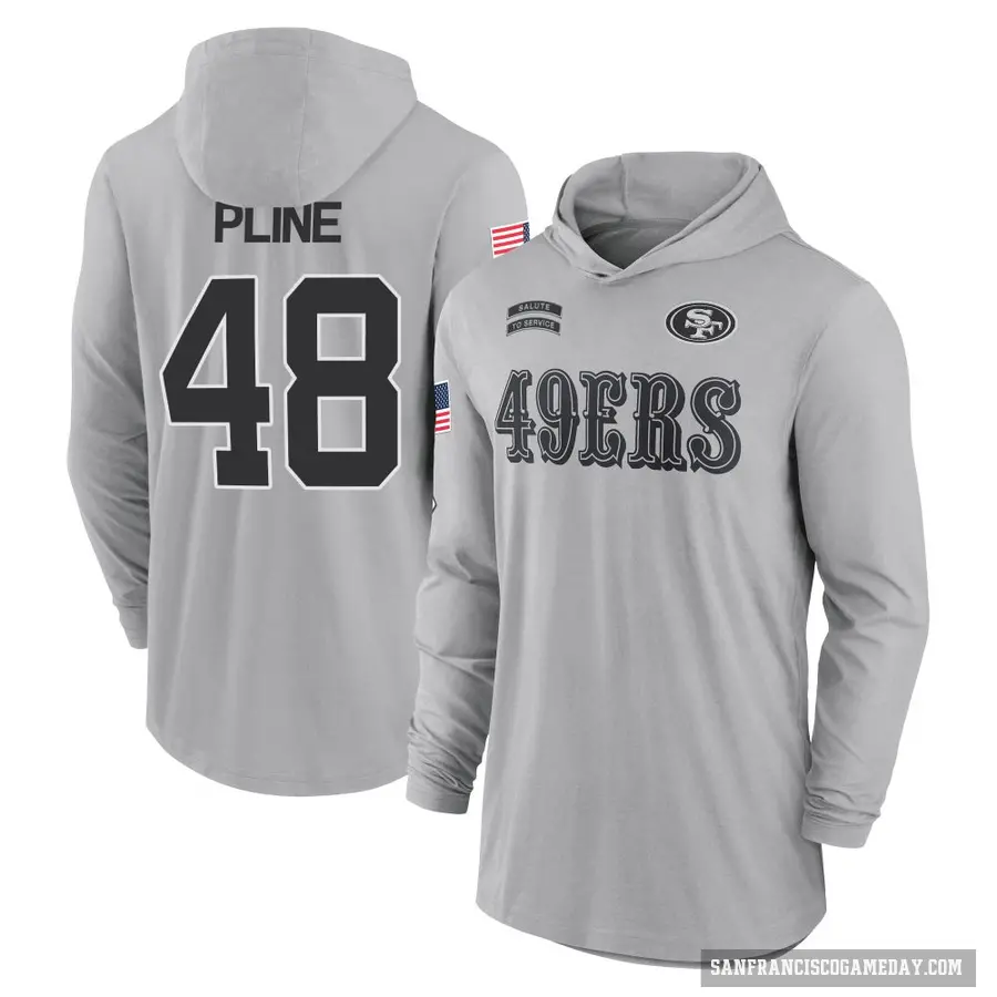 Men's ＃48 Mason Pline San Francisco 49ers Gray 2024 Salute to Service Lightweight Performance Long Sleeve Hooded T-Shirt