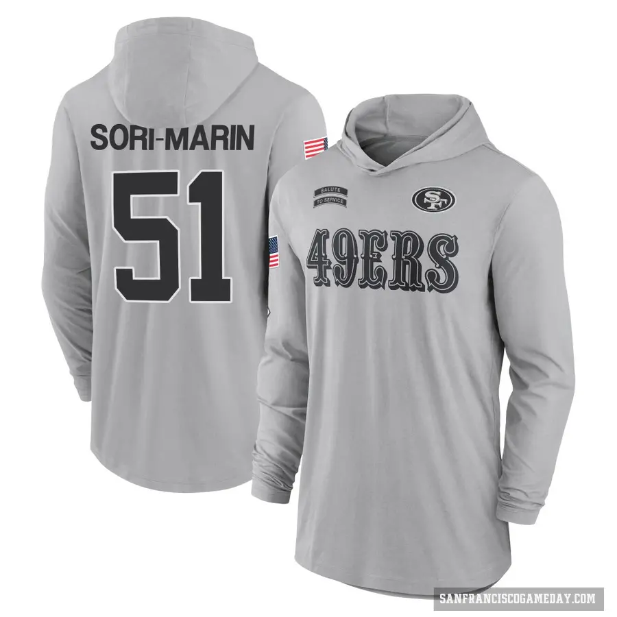 Men's ＃51 Mariano Sori-Marin San Francisco 49ers Gray 2024 Salute to Service Lightweight Performance Long Sleeve Hooded T-Shirt