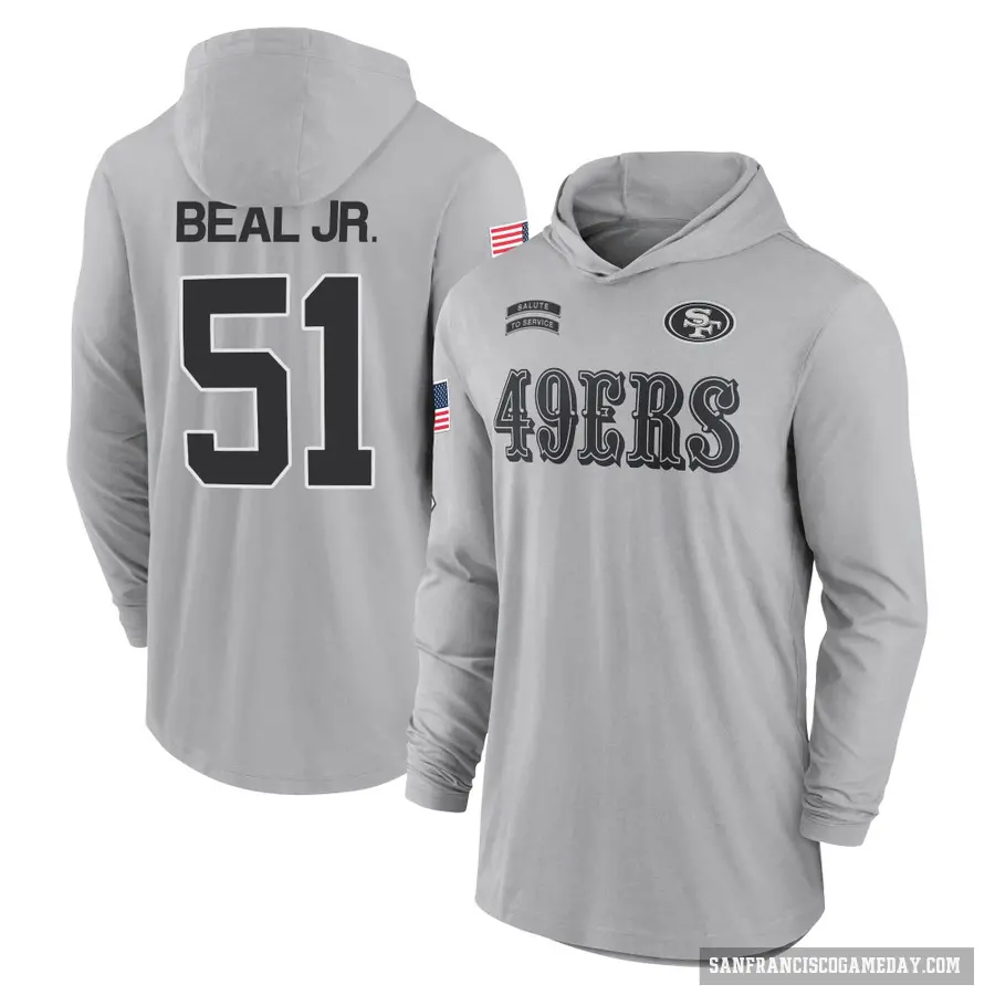 Men's ＃51 Robert Beal Jr. San Francisco 49ers Gray 2024 Salute to Service Lightweight Performance Long Sleeve Hooded T-Shirt