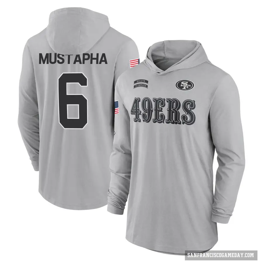 Men's ＃6 Malik Mustapha San Francisco 49ers Gray 2024 Salute to Service Lightweight Performance Long Sleeve Hooded T-Shirt