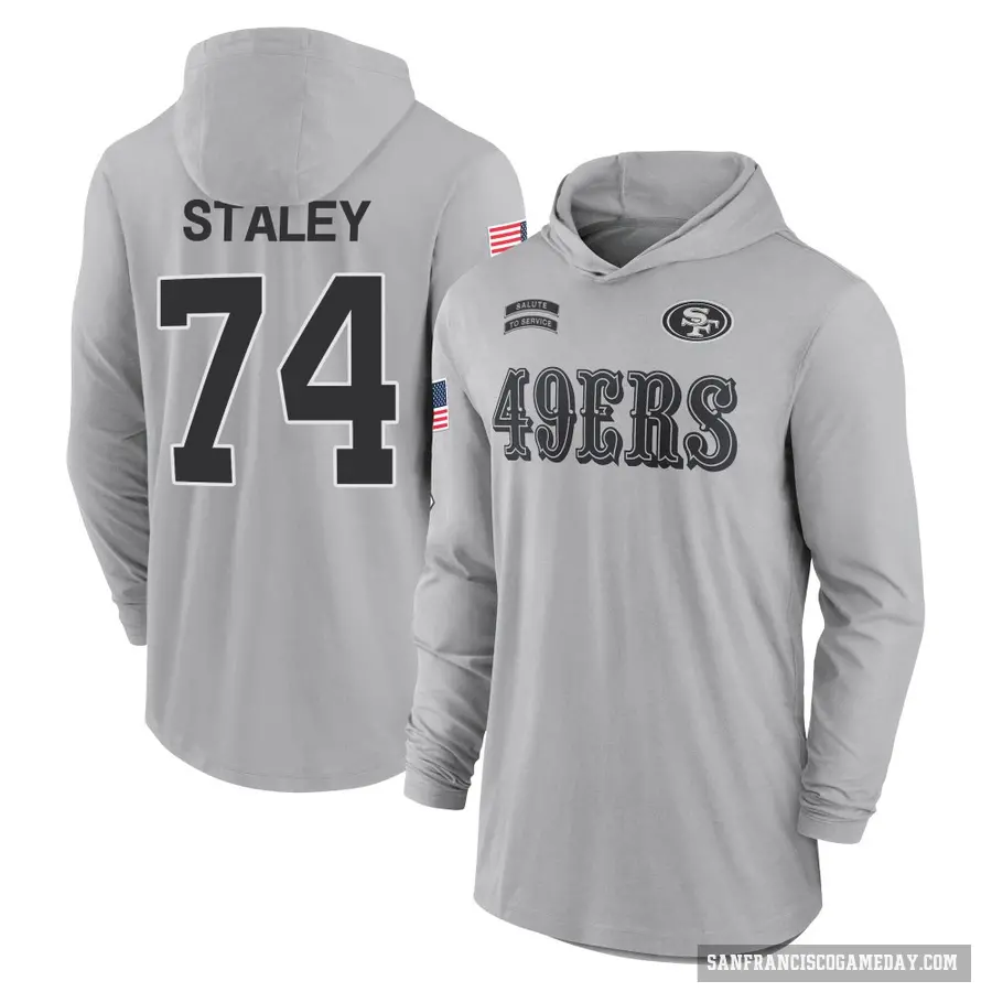 Men's ＃74 Joe Staley San Francisco 49ers Gray 2024 Salute to Service Lightweight Performance Long Sleeve Hooded T-Shirt