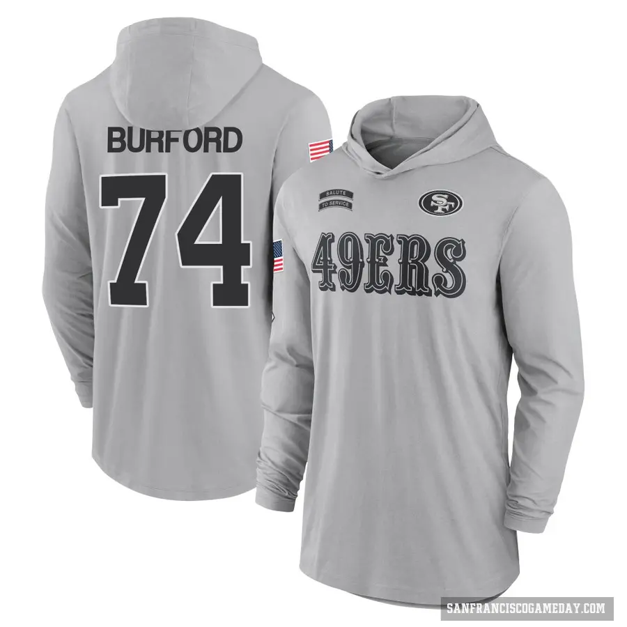 Men's ＃74 Spencer Burford San Francisco 49ers Gray 2024 Salute to Service Lightweight Performance Long Sleeve Hooded T-Shirt
