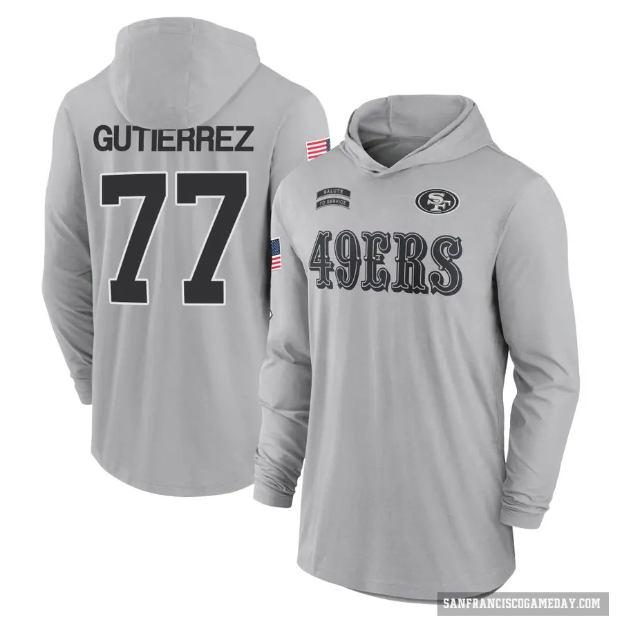 Men's ＃77 Alfredo Gutierrez San Francisco 49ers Gray 2024 Salute to Service Lightweight Performance Long Sleeve Hooded T-Shirt