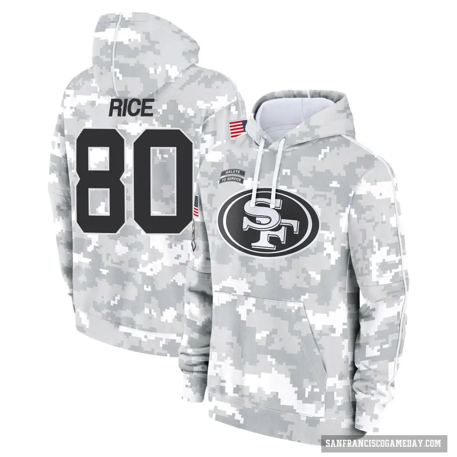 Men's ＃80 Jerry Rice San Francisco 49ers Arctic Camo 2024 Salute to Service Club Fleece Pullover Hoodie