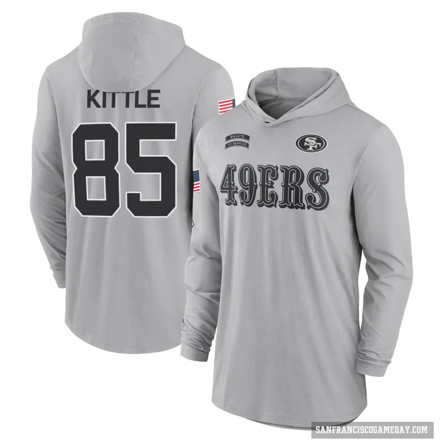 Men's ＃85 George Kittle San Francisco 49ers Gray 2024 Salute to Service Lightweight Performance Long Sleeve Hooded T-Shirt