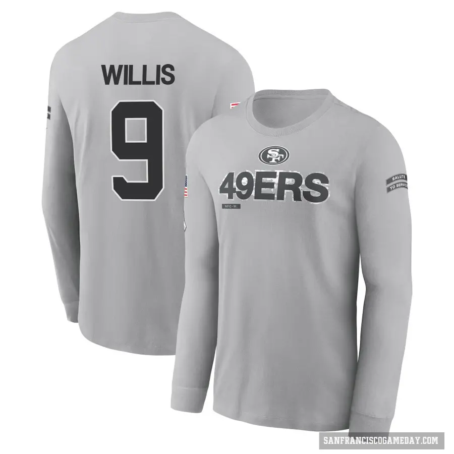 Men's ＃9 Brayden Willis San Francisco 49ers Gray 2024 Salute to Service Long Sleeve T-Shirt