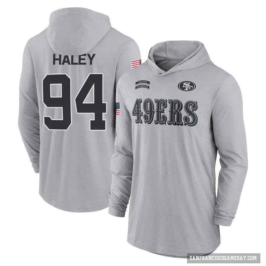 Men's ＃94 Charles Haley San Francisco 49ers Gray 2024 Salute to Service Lightweight Performance Long Sleeve Hooded T-Shirt