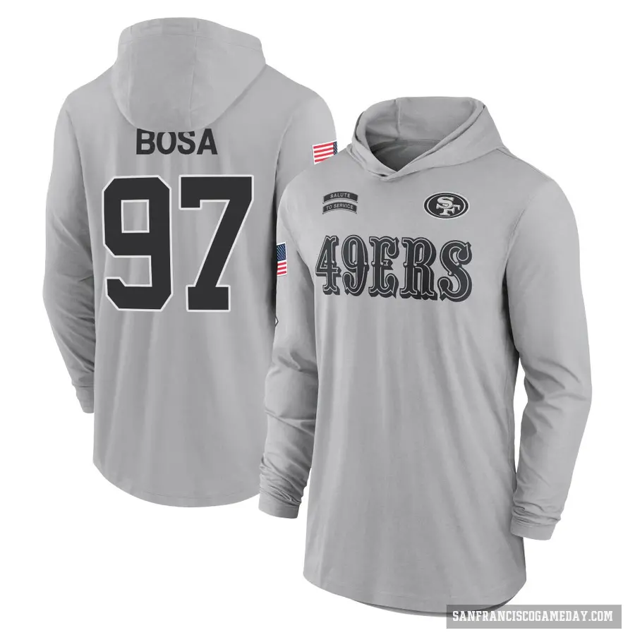 Men's ＃97 Nick Bosa San Francisco 49ers Gray 2024 Salute to Service Lightweight Performance Long Sleeve Hooded T-Shirt