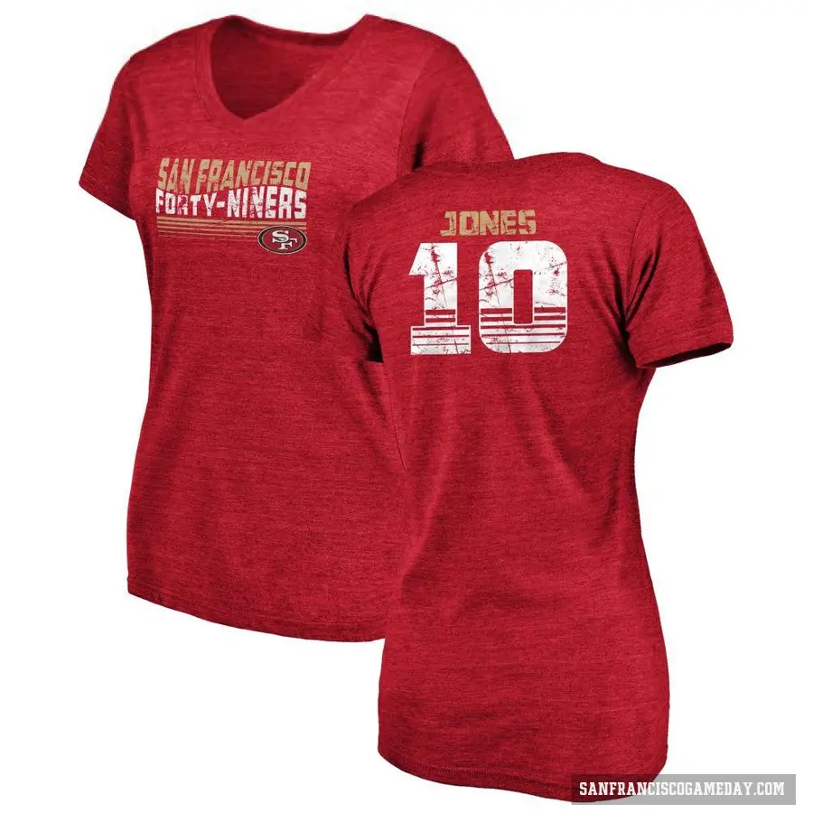 Women's ＃10 Mac Jones San Francisco 49ers Red Retro V-Neck T-Shirt