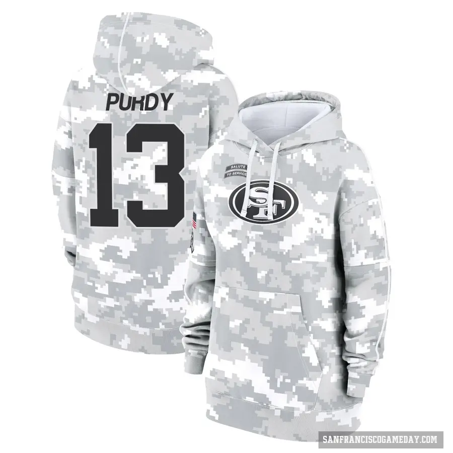 Women's ＃13 Brock Purdy San Francisco 49ers Arctic Camo 2024 Salute to Service Club Fleece Pullover Hoodie