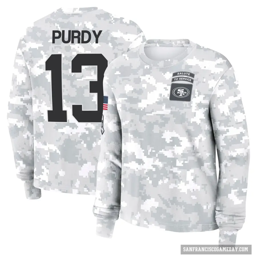 Women's ＃13 Brock Purdy San Francisco 49ers Camo Arctic 2024 Salute to Service Long Sleeve T-Shirt