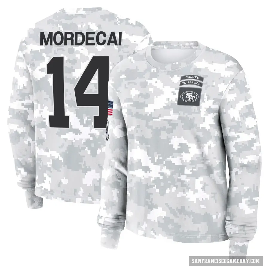 Women's ＃14 Tanner Mordecai San Francisco 49ers Camo Arctic 2024 Salute to Service Long Sleeve T-Shirt