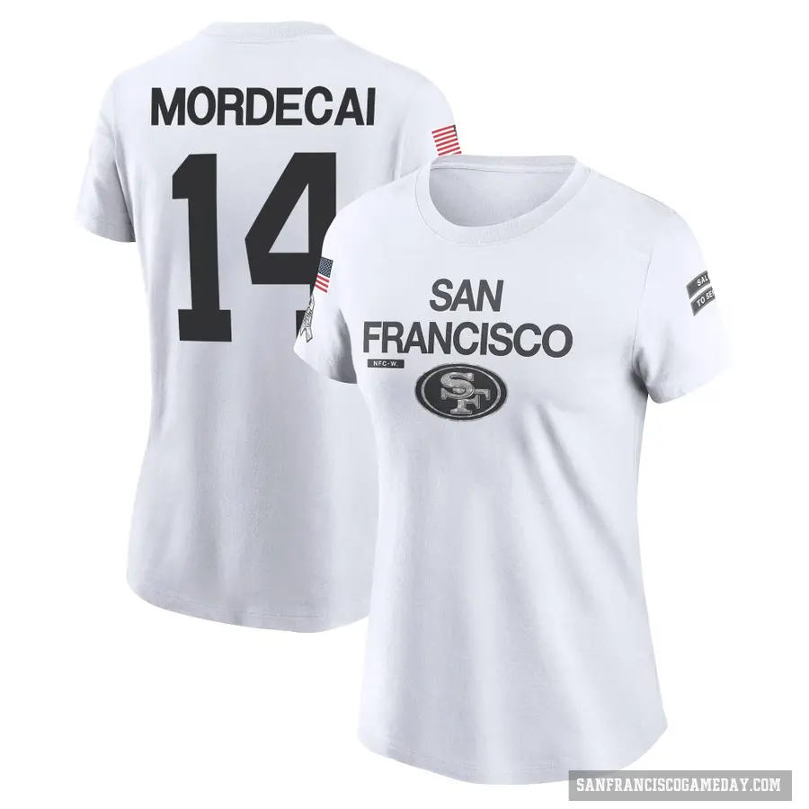 Women's ＃14 Tanner Mordecai San Francisco 49ers White 2024 Salute to Service Performance T-Shirt