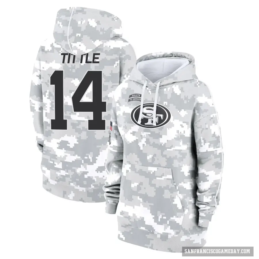 Women's ＃14 Y.A. Tittle San Francisco 49ers Arctic Camo 2024 Salute to Service Club Fleece Pullover Hoodie
