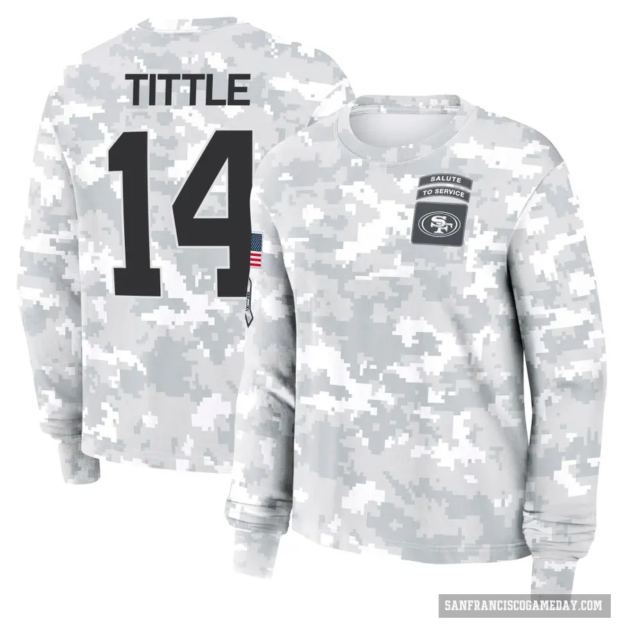 Women's ＃14 Y.A. Tittle San Francisco 49ers Camo Arctic 2024 Salute to Service Long Sleeve T-Shirt