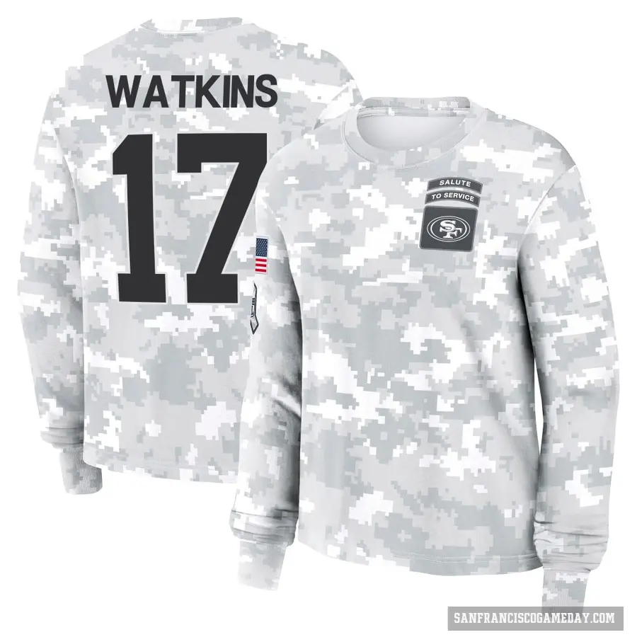 Women's ＃17 Jordan Watkins San Francisco 49ers Camo Arctic 2024 Salute to Service Long Sleeve T-Shirt