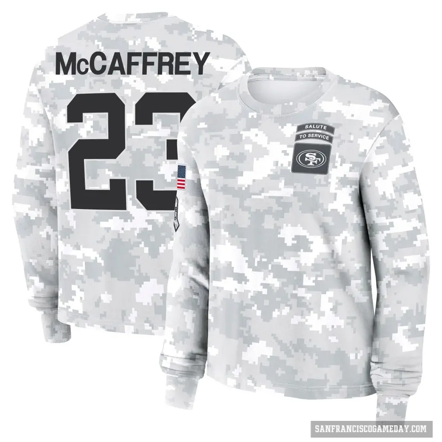 Women's ＃23 Christian McCaffrey San Francisco 49ers Camo Arctic 2024 Salute to Service Long Sleeve T-Shirt