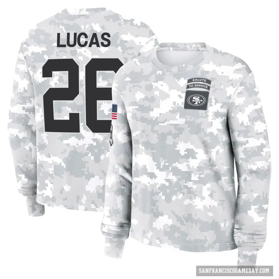 Women's ＃26 Chase Lucas San Francisco 49ers Camo Arctic 2024 Salute to Service Long Sleeve T-Shirt