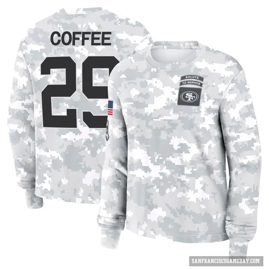 Women's ＃29 Glen Coffee San Francisco 49ers Coffee Arctic Camo 2024 Salute to Service Long Sleeve T-Shirt