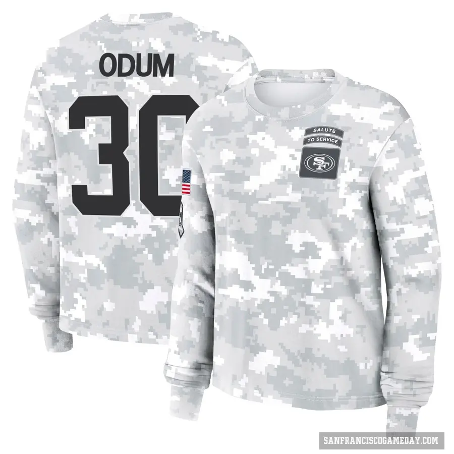Women's ＃30 George Odum San Francisco 49ers Camo Arctic 2024 Salute to Service Long Sleeve T-Shirt