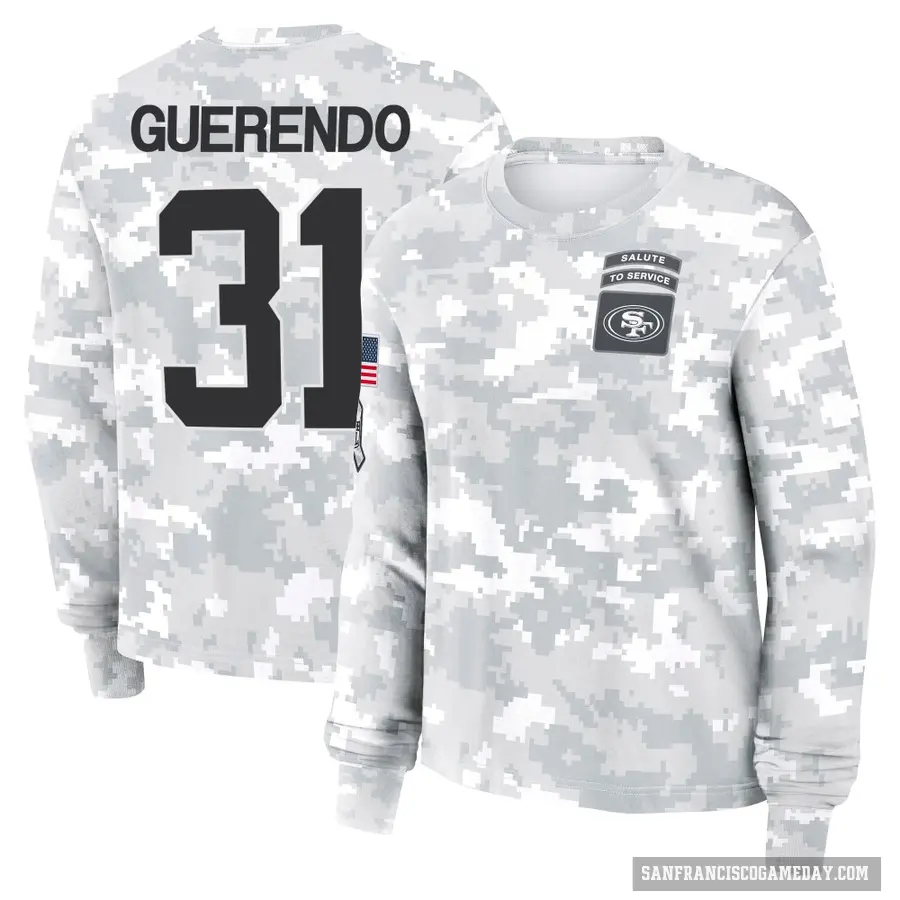 Women's ＃31 Isaac Guerendo San Francisco 49ers Camo Arctic 2024 Salute to Service Long Sleeve T-Shirt