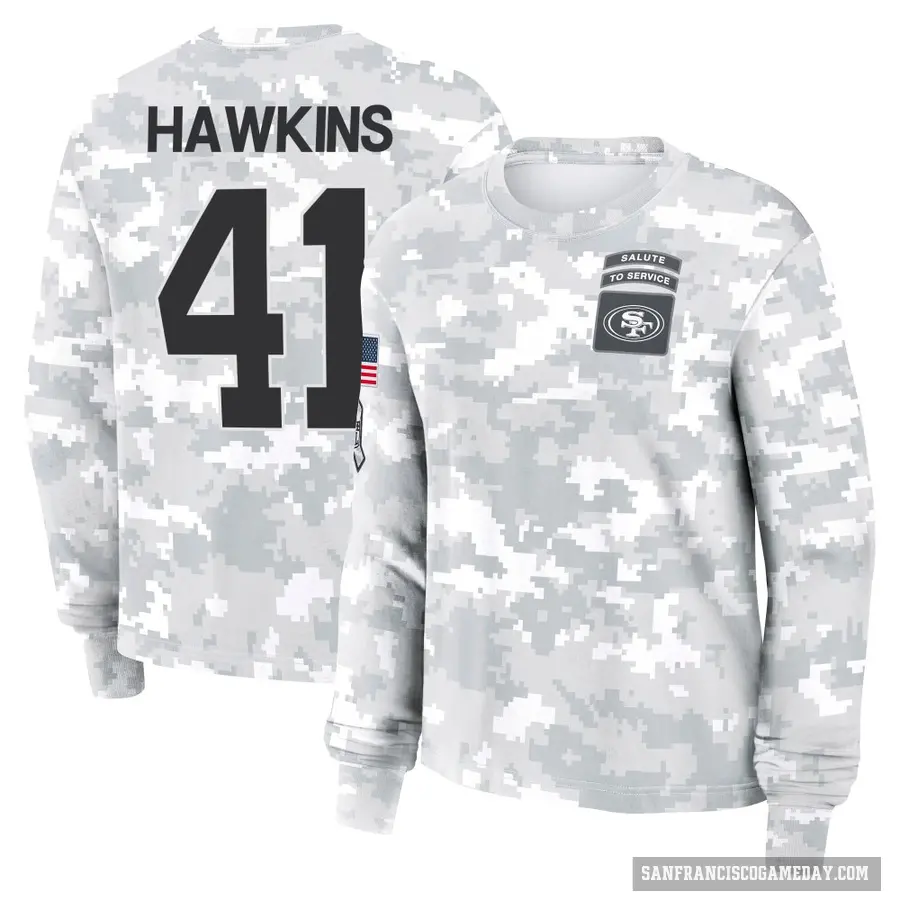 Women's ＃41 Tayler Hawkins San Francisco 49ers Camo Arctic 2024 Salute to Service Long Sleeve T-Shirt