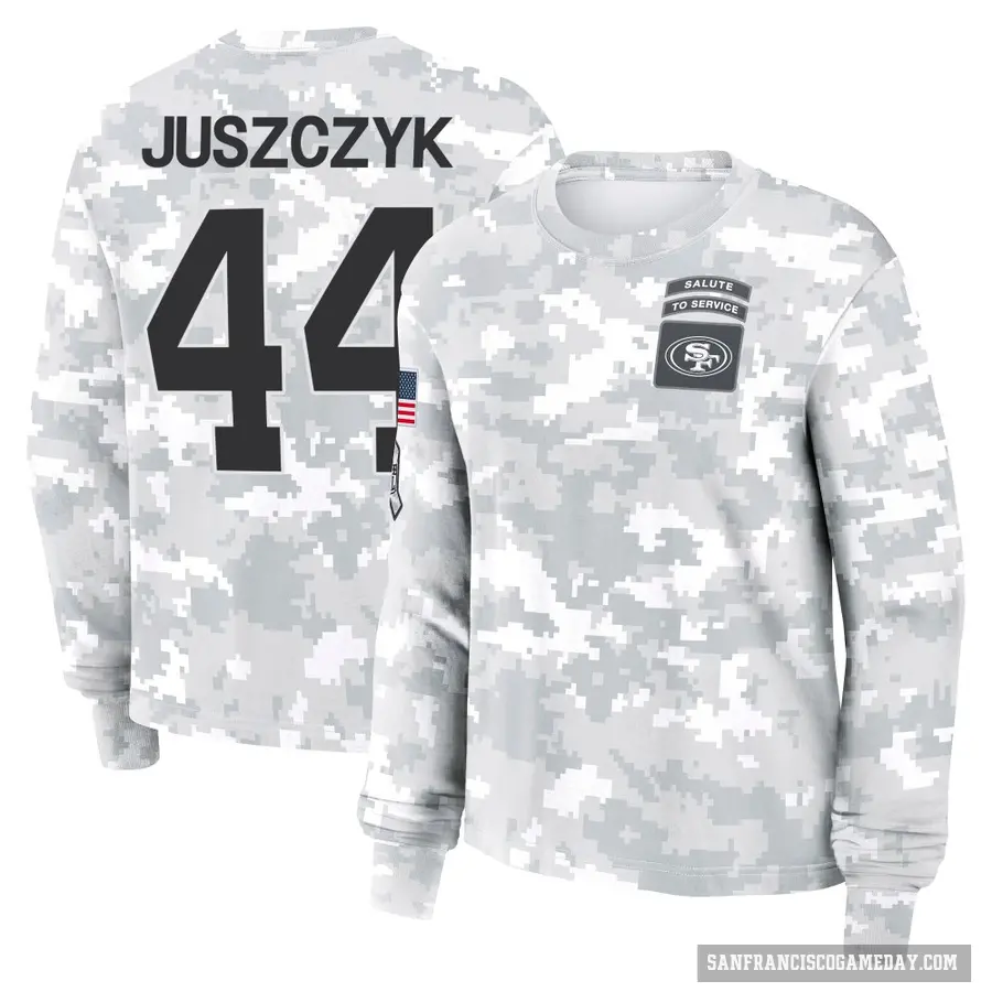 Women's ＃44 Kyle Juszczyk San Francisco 49ers Camo Arctic 2024 Salute to Service Long Sleeve T-Shirt