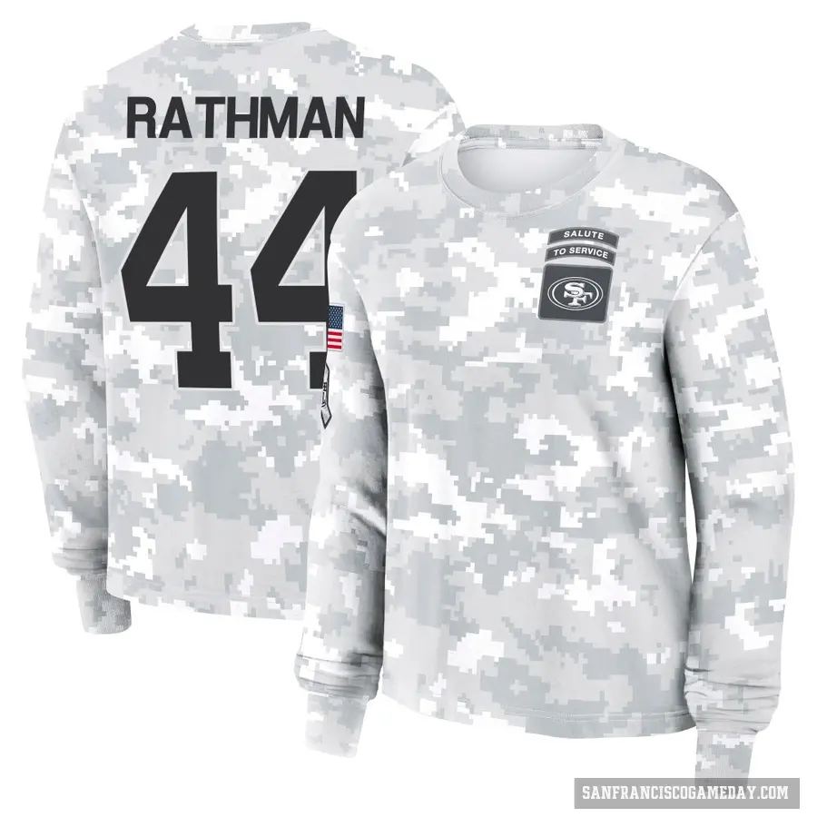 Women's ＃44 Tom Rathman San Francisco 49ers Camo Arctic 2024 Salute to Service Long Sleeve T-Shirt