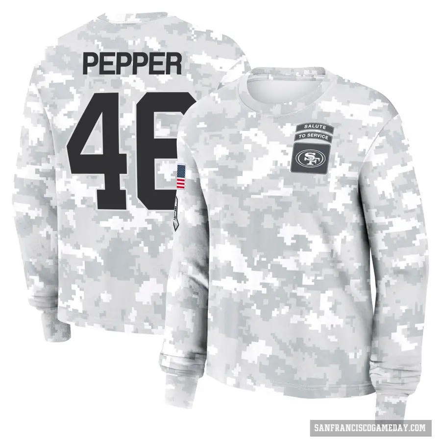 Women's ＃46 Taybor Pepper San Francisco 49ers Camo Arctic 2024 Salute to Service Long Sleeve T-Shirt