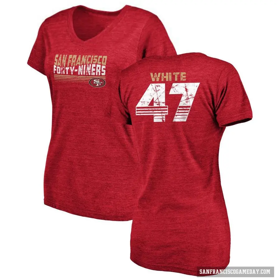 Women's ＃47 DaShaun White San Francisco 49ers White Retro V-Neck T-Shirt Red