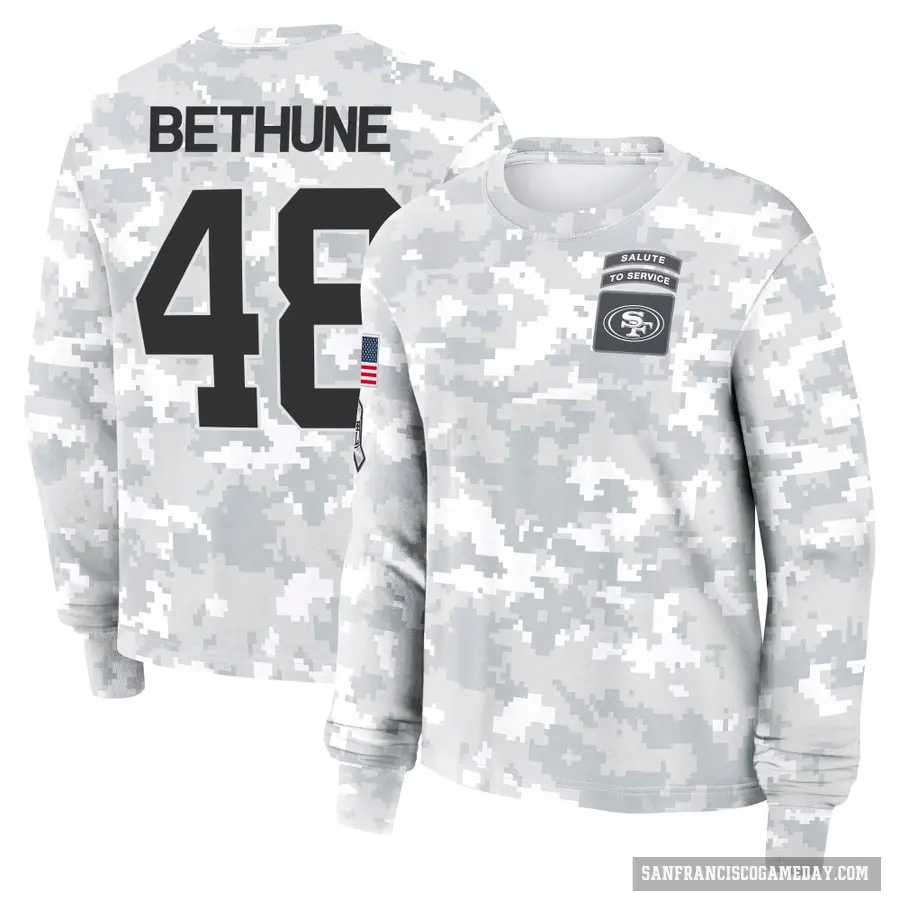 Women's ＃48 Tatum Bethune San Francisco 49ers Camo Arctic 2024 Salute to Service Long Sleeve T-Shirt