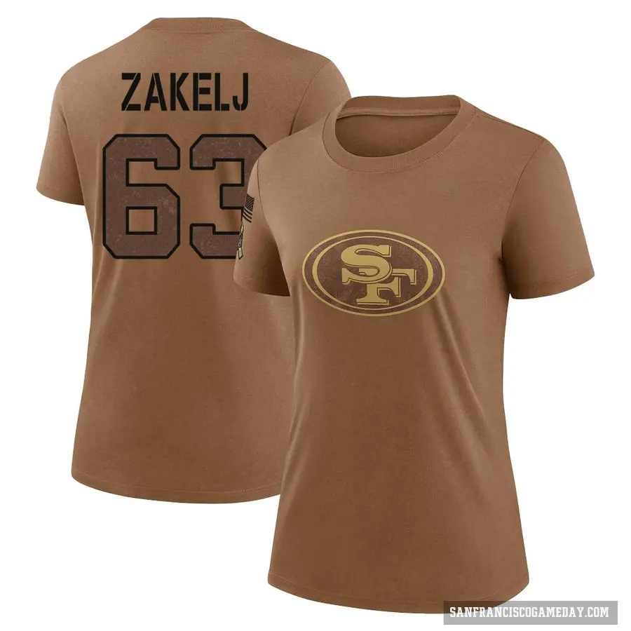 Women's ＃63 Nick Zakelj San Francisco 49ers Brown 2023 Salute To Service Performance T-Shirt