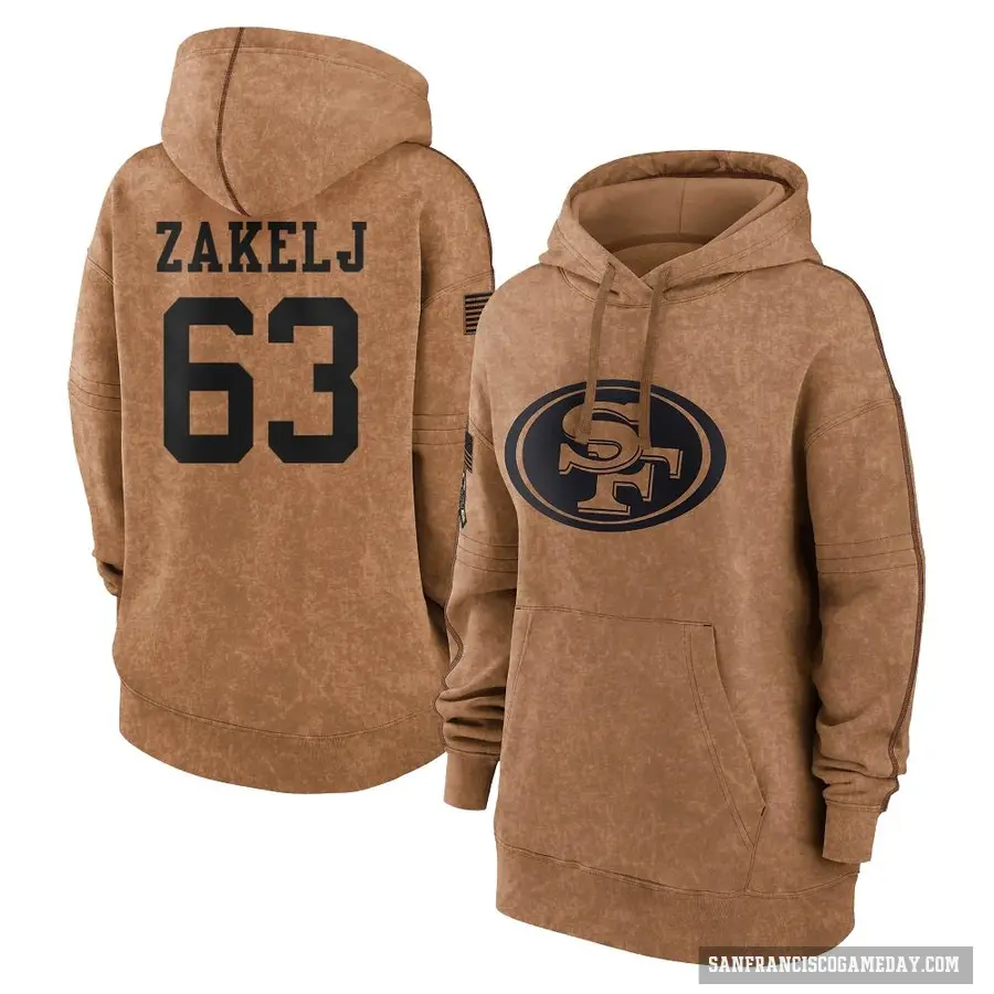 Women's ＃63 Nick Zakelj San Francisco 49ers Brown 2023 Salute To Service Pullover Hoodie