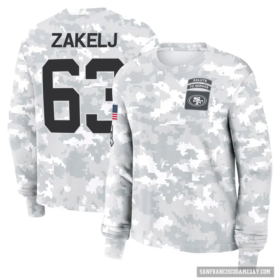 Women's ＃63 Nick Zakelj San Francisco 49ers Camo Arctic 2024 Salute to Service Long Sleeve T-Shirt