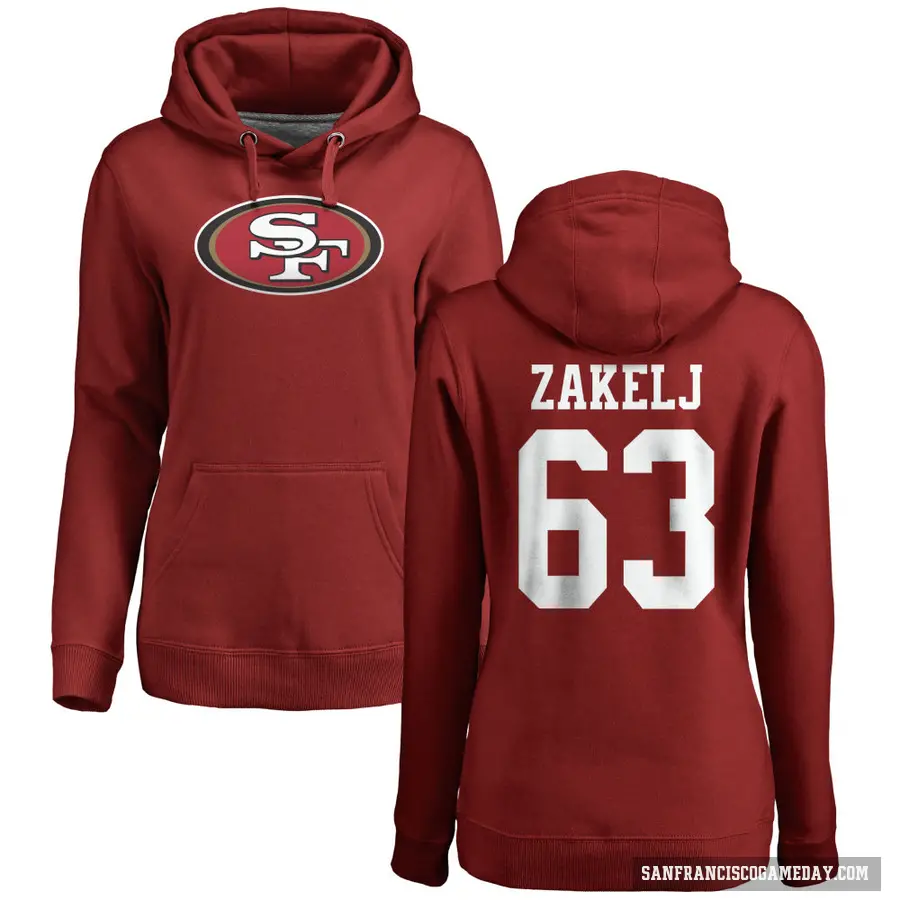Women's ＃63 Nick Zakelj San Francisco 49ers Red Pro Line Logo Pullover Hoodie