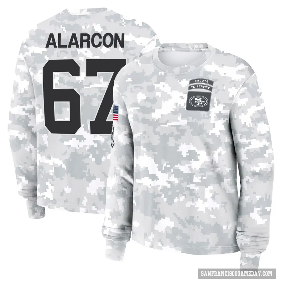 Women's ＃67 Isaac Alarcon San Francisco 49ers Camo Arctic 2024 Salute to Service Long Sleeve T-Shirt