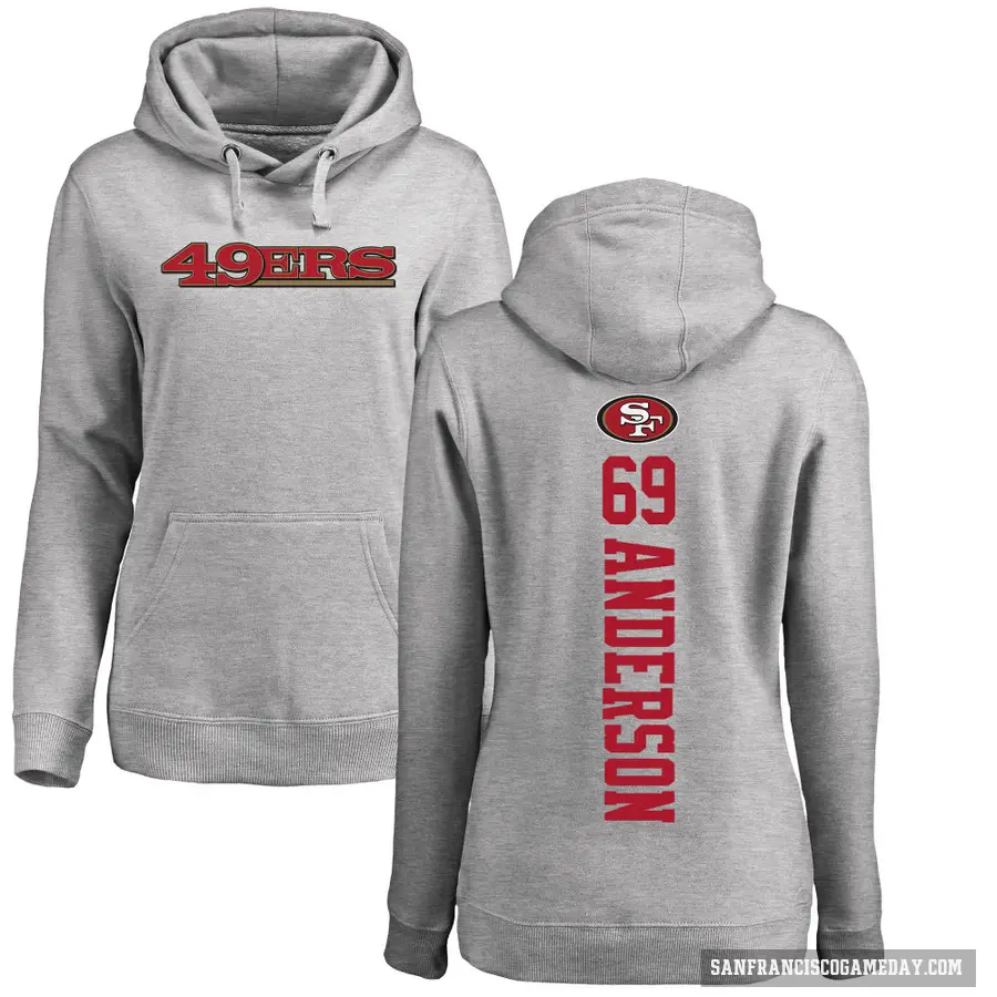 Women's ＃69 Evan Anderson San Francisco 49ers Pro Line Ash Backer Pullover Hoodie